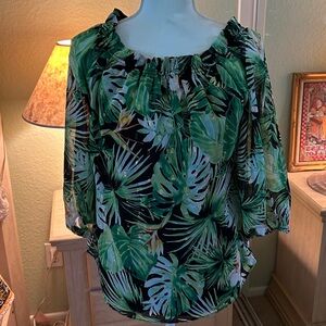 White House Black Market Green Leaf Print Blouse